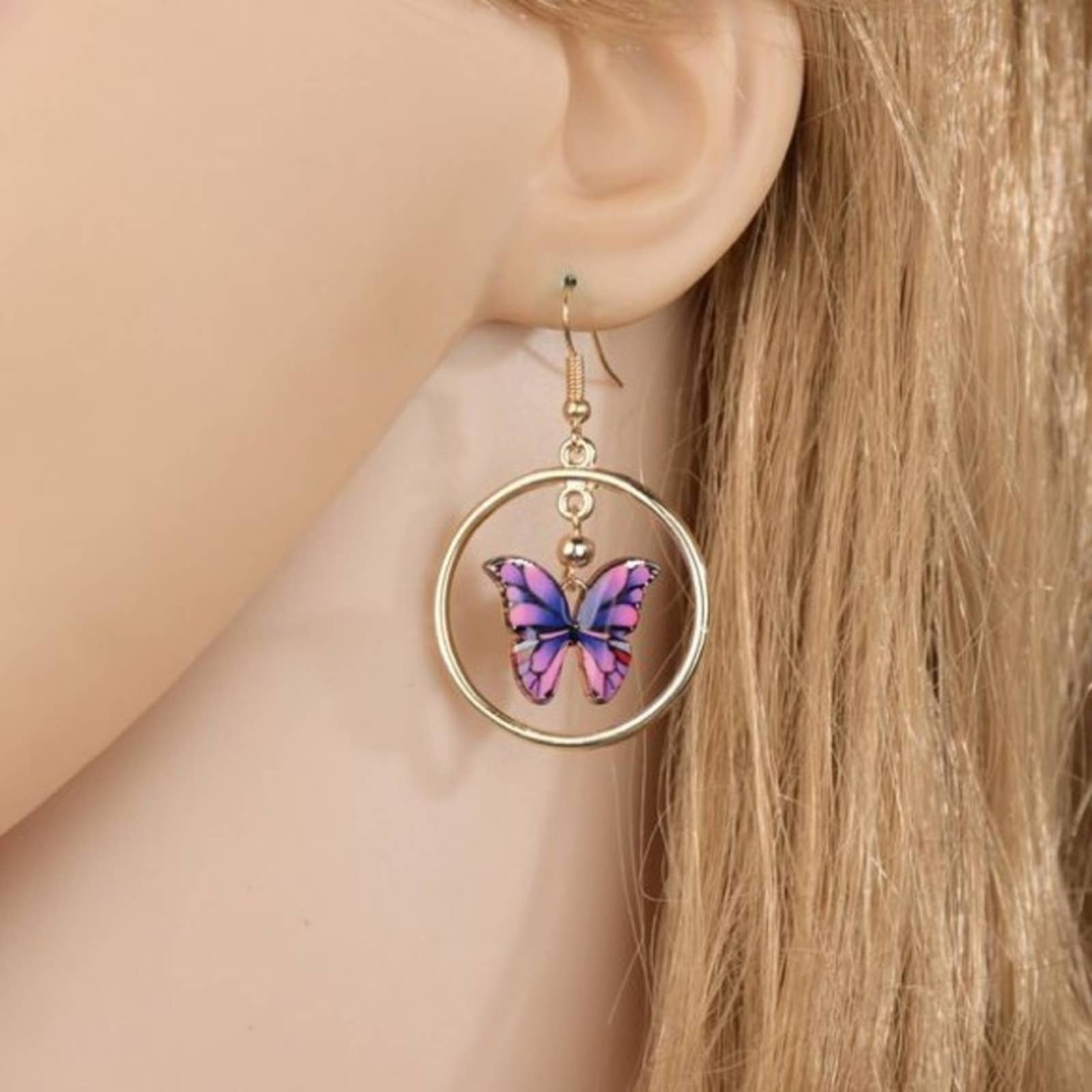 Gold Purple & Pink Butterfly Hanging Drop Earrings